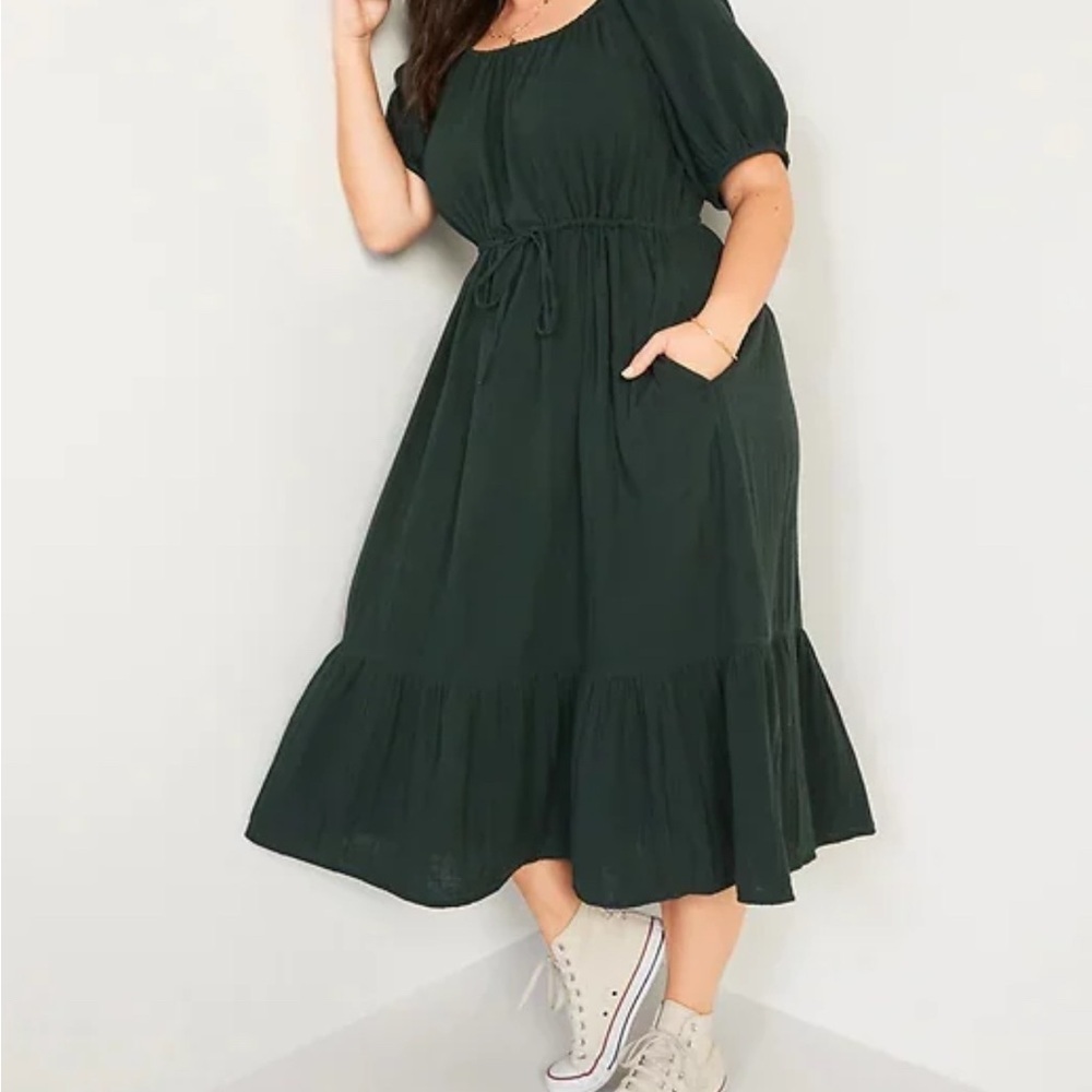 Old Navy Womens Gauzy Puff-Sleeve Scoop-Neck Waist-Defined Midi Dress Small Tall
